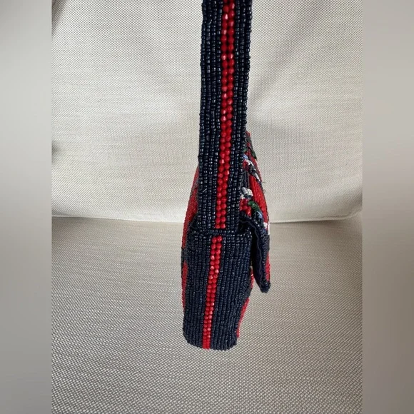 ANTHROPOLOGIE NWT The Fiona Beaded Checkered Floral Shoulder Bag Red Navy - Picture 4 of 8